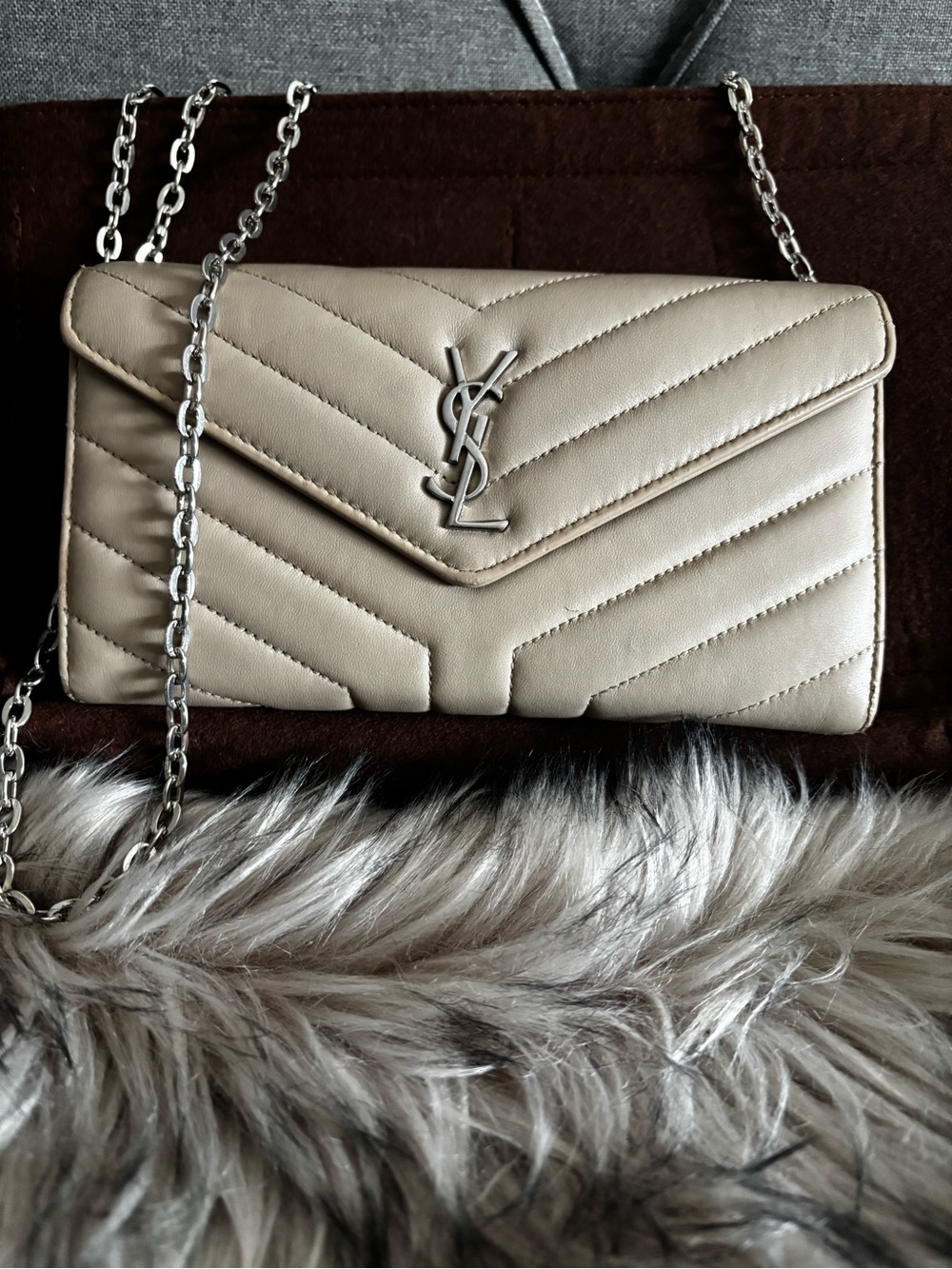 Saint Laurent Chevron Quilted Envelope long wallet in Cream*AUTHENTIC!!!
